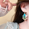 Vintage Palace Style Zircon Flower Teardrop Turquoise Tassel Faux Pearl Drop Earrings view 3