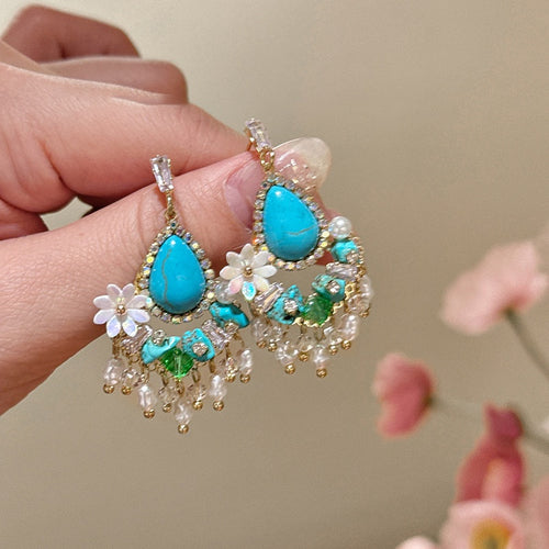 Vintage Palace Style Zircon Flower Teardrop Turquoise Tassel Faux Pearl Drop Earrings