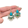 Vintage Palace Style Zircon Flower Teardrop Turquoise Tassel Faux Pearl Drop Earrings view 5