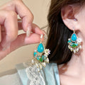 Vintage Palace Style Zircon Flower Teardrop Turquoise Tassel Faux Pearl Drop Earrings view 4