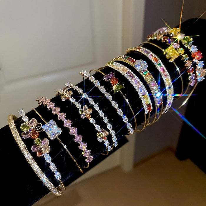 Copper Zircon Flower Grid Geometric Open Bangle Light Luxury Vintage Women's Jewelry