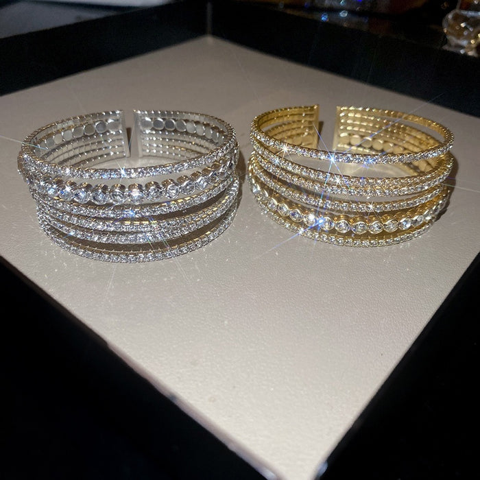 Rhinestone Geometric Multilayer Open Copper Bangle For Women Vintage Light Luxury Style