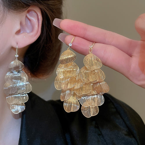 Vintage Western Hollow Petal Tassel Metal Drop Earrings Light Luxury Floral Ear Hooks