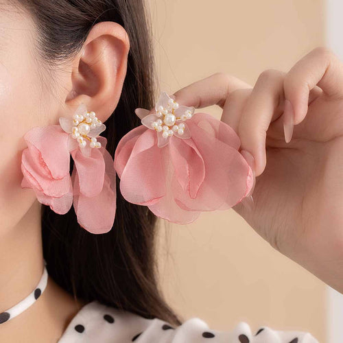 Elegant Pink Chiffon Flower Tassel Drop Earrings With Faux Pearl Beaded Alloy Stud Earrings