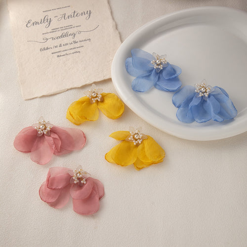 Elegant Pink Chiffon Flower Tassel Drop Earrings With Faux Pearl Beaded Alloy Stud Earrings