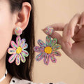 Bohemian Woven Raffia Daisy Flower Drop Alloy Statement Spring Beach Vacation Earrings view 2