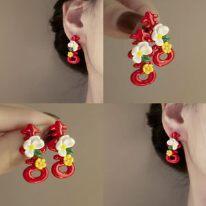 Resin Flower Double Happiness Stud Earrings With Silver Posts, Sweet Spring Summer Niche Design