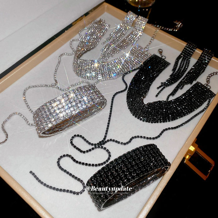 European Style Copper Rhinestone Tassel Jewelry Set With Geometric Choker Bracelet Earrings