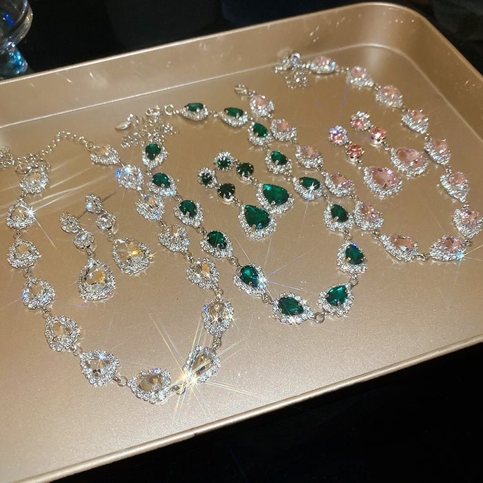 Rhinestone Teardrop Copper Necklace And Earrings Jewelry Set Vintage Luxury Collarbone Style