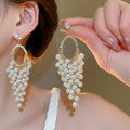 French Vintage Faux Pearl Zircon Grape Cluster Tassel Drop Earrings With Silver Needle view 2