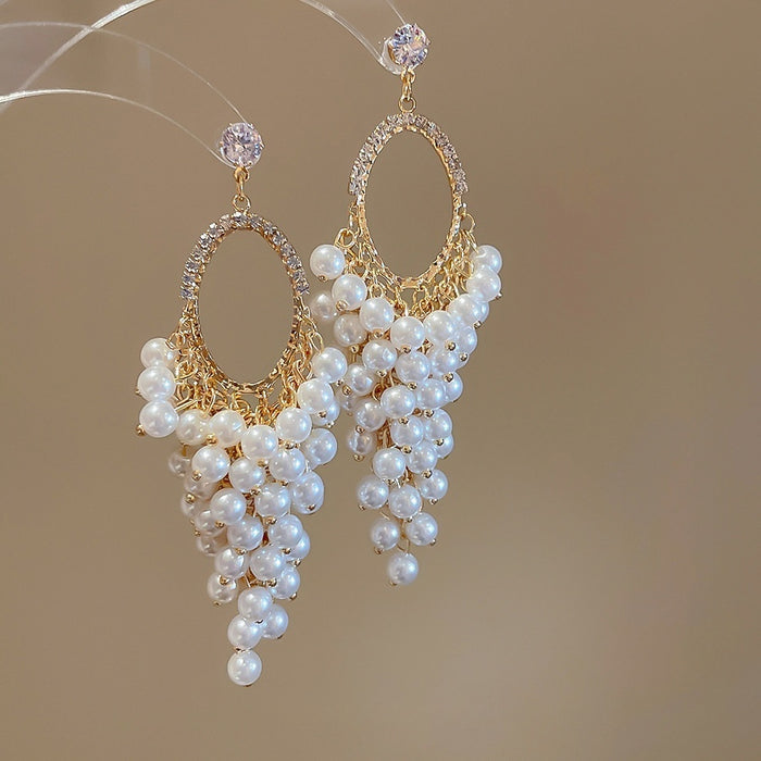 French Vintage Faux Pearl Zircon Grape Cluster Tassel Drop Earrings With Silver Needle