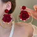 French Elegant Fabric Rose Faux Pearl Stud Earrings Vintage Floral Light Luxury Ear Jewelry view 1