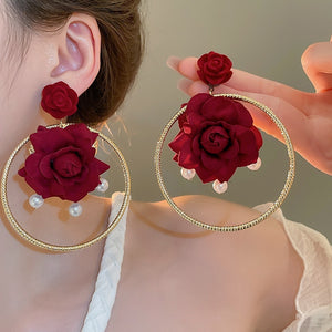 French Elegant Fabric Rose Faux Pearl Stud Earrings Vintage Floral Light Luxury Ear Jewelry