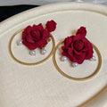 French Elegant Fabric Rose Faux Pearl Stud Earrings Vintage Floral Light Luxury Ear Jewelry view 4