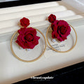 French Elegant Fabric Rose Faux Pearl Stud Earrings Vintage Floral Light Luxury Ear Jewelry view 2