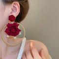 French Elegant Fabric Rose Faux Pearl Stud Earrings Vintage Floral Light Luxury Ear Jewelry view 3
