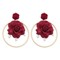 French Elegant Fabric Rose Faux Pearl Stud Earrings Vintage Floral Light Luxury Ear Jewelry view 5