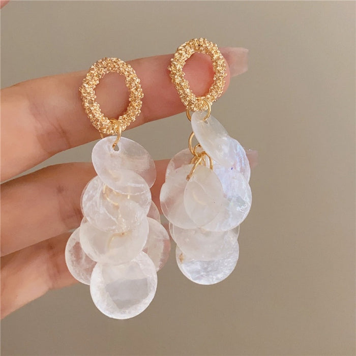 Chic Round Shell Tassel Drop Earrings With Silver Needle Geometric Fresh Style