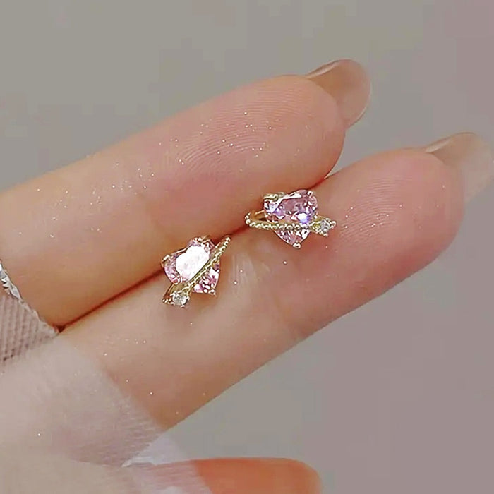Pink Heart Stud Earrings For Women, Sparkling Cupid Heart Ear Cartilage Nail Fashion Jewelry