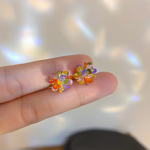 Colorful Crystal Flower Silver Needle Stud Earrings Fresh Elegant Delicate Floral Ear Jewelry