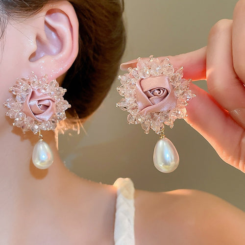 Silver Needle Fabric Flower Pearl Crystal Stud Earrings Korean Sweet Elegant Designer Style