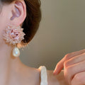 Silver Needle Fabric Flower Pearl Crystal Stud Earrings Korean Sweet Elegant Designer Style view 4