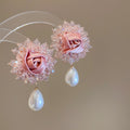Silver Needle Fabric Flower Pearl Crystal Stud Earrings Korean Sweet Elegant Designer Style view 1
