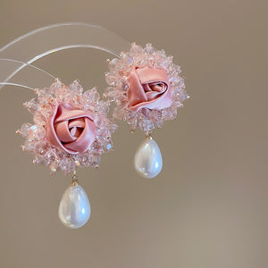 Silver Needle Fabric Flower Pearl Crystal Stud Earrings Korean Sweet Elegant Designer Style