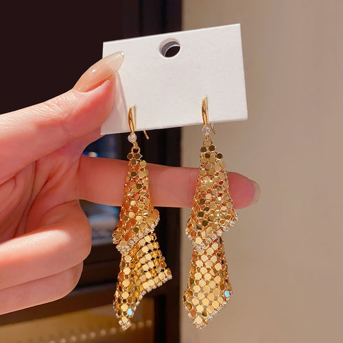 18K Gold Plated Copper Zircon Geometric Tassel Drop Earrings Vintage Light Luxury Ear Hooks