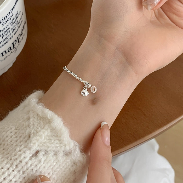 Faux Pearl Starfish Shell Bangle With Crushed Silver Accents, Elegant Niche Fashion Jewelry