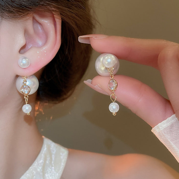 French Chic Faux Pearl Zircon Double Sided Stud Earrings With Silver Pin Geometric Round Design