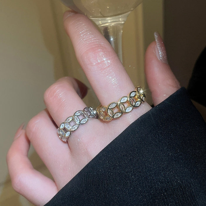 18K Gold Plated Copper Zircon Round Coin Open Ring, Fashion OL Geometric Finger Jewelry