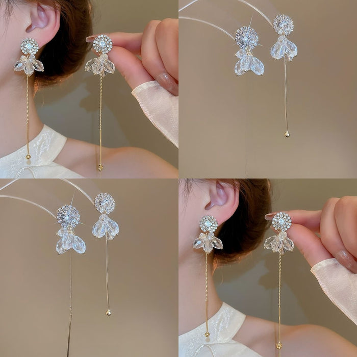Chic Copper Rhinestone Round Teardrop Tassel Drop Earrings With Silver Pins