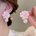 Sweet Resin Flower Pearl Pendant Drop Earrings With Silver Needle Pins view 3