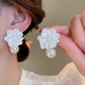 Sweet Resin Flower Pearl Pendant Drop Earrings With Silver Needle Pins view 4