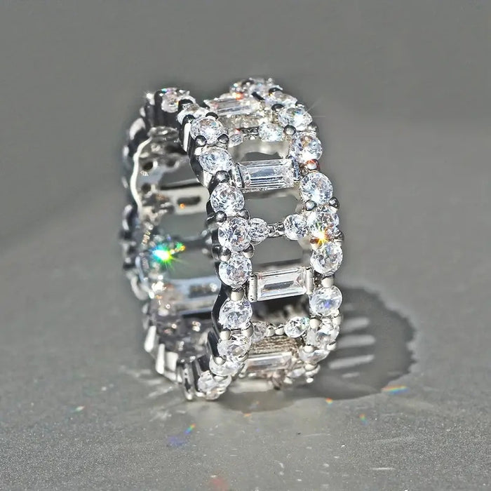 Hollow Geometric Full Zircon Ring, Light Luxury High End Fashion Jewelry For Trendy Accessories