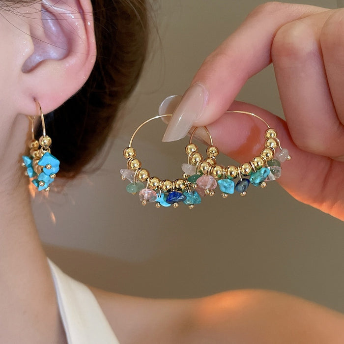 Vintage Bohemian Copper Irregular Crushed Stone Hoop Earrings For Women Ethnic Light Luxury Jewelry