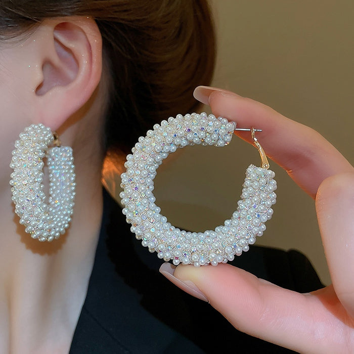 Korean Japanese Faux Pearl Rhinestone Round Hoop Earrings Sweet Elegant Light Luxury Designer Style