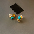18K Gold Plated Copper Oval Turquoise Stud Earrings With Silver Posts Vintage Minimalist Jewelry view 2