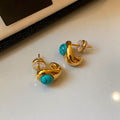 18K Gold Plated Copper Oval Turquoise Stud Earrings With Silver Posts Vintage Minimalist Jewelry view 4