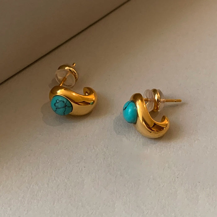18K Gold Plated Copper Oval Turquoise Stud Earrings With Silver Posts Vintage Minimalist Jewelry
