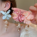 Chic Fabric Flower Glass Crystal Pearl Tassel Drop Earrings With Silver Needle Floral Design view 1