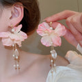 Chic Fabric Flower Glass Crystal Pearl Tassel Drop Earrings With Silver Needle Floral Design view 4