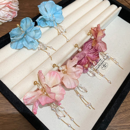 Chic Fabric Flower Glass Crystal Pearl Tassel Drop Earrings With Silver Needle Floral Design