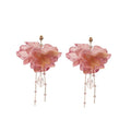 Chic Fabric Flower Glass Crystal Pearl Tassel Drop Earrings With Silver Needle Floral Design view 5