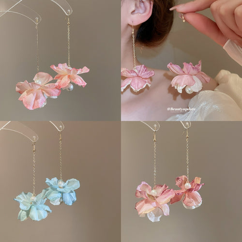 Sweet Fabric Flower Pearl Tassel Drop Earrings Beach Vacation Ear Hook Jewelry For Women