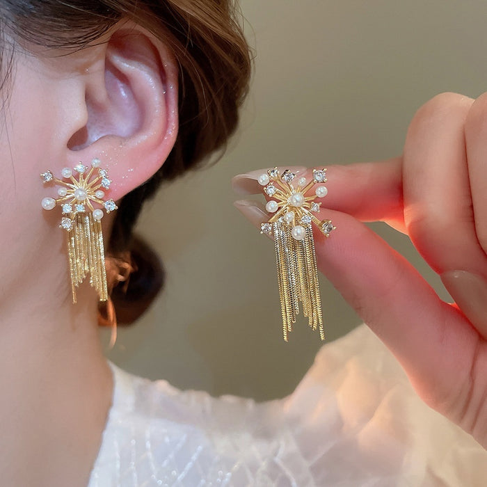 Natural Zircon Firework Flower Tassel Pearl Drop Earrings Vintage Light Luxury Silver Needle Stud Style