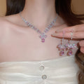 Copper Zircon Square Teardrop Necklace Earrings Jewelry Set Light Luxury Clavicle Chain view 2