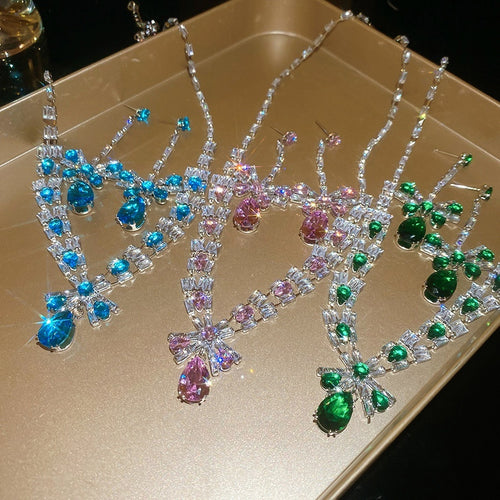 Copper Zircon Square Teardrop Necklace Earrings Jewelry Set Light Luxury Clavicle Chain