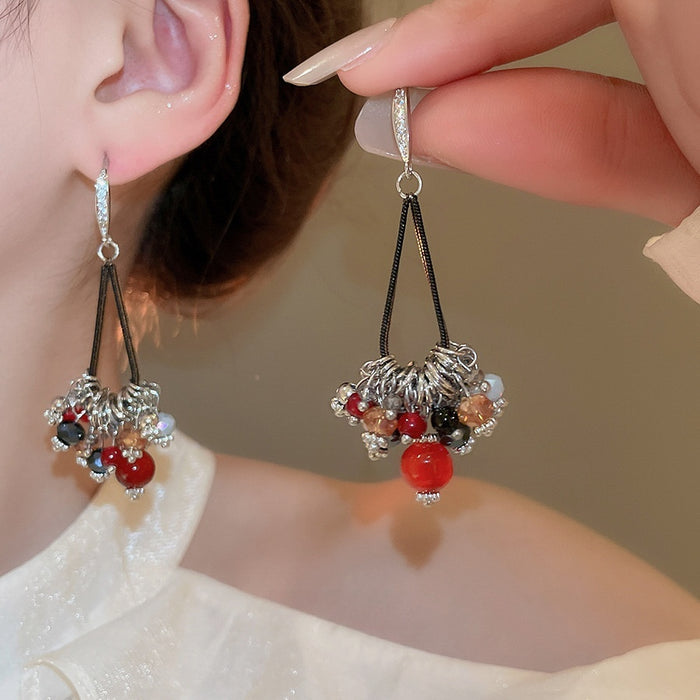 Zircon Glass Bead Tassel Drop Earrings Vintage Chic Geometric Round Ear Hook Jewelry